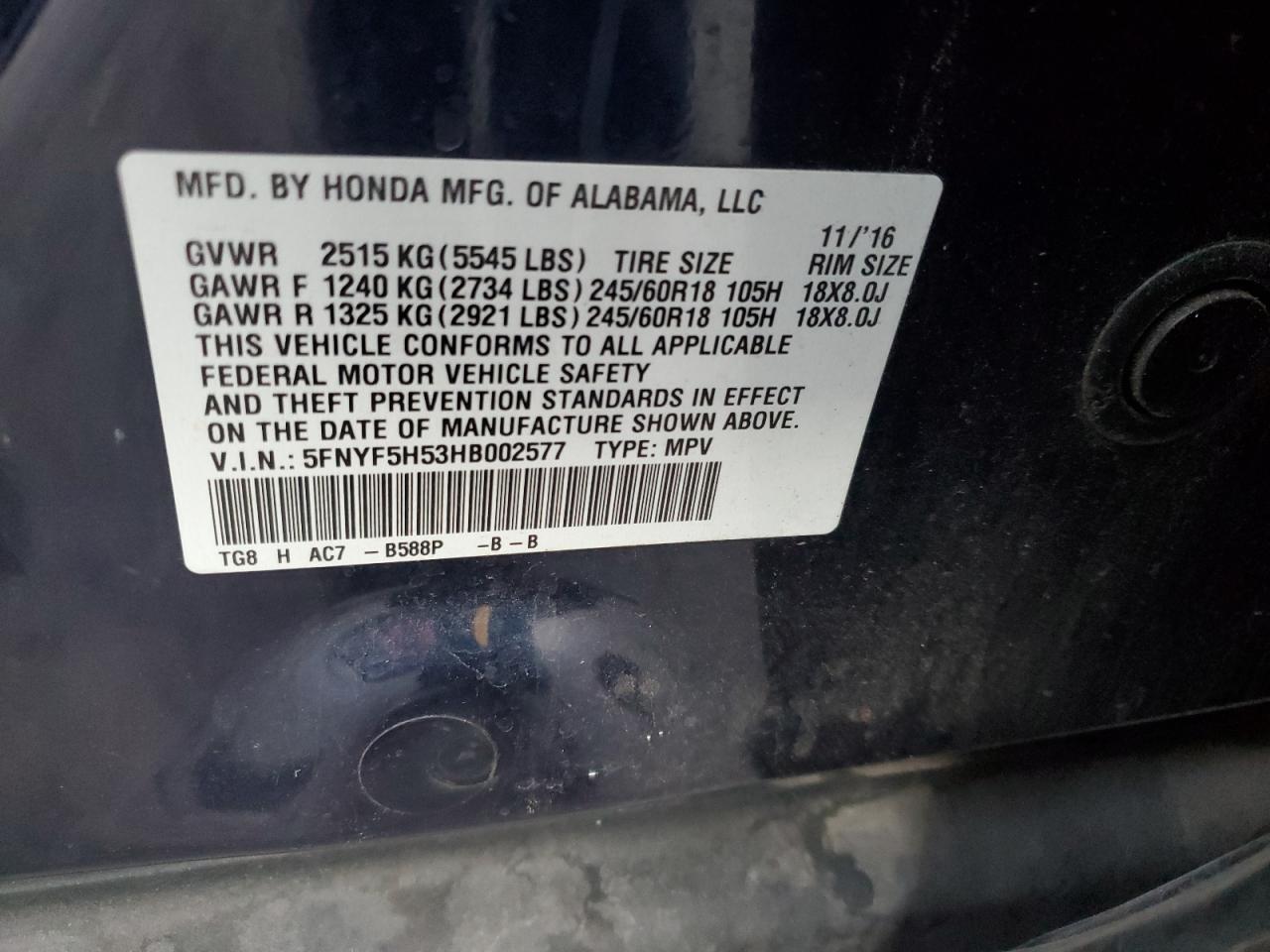 2017 Honda Pilot Exl VIN: 5FNYF5H53HB002577 Lot: 91297435