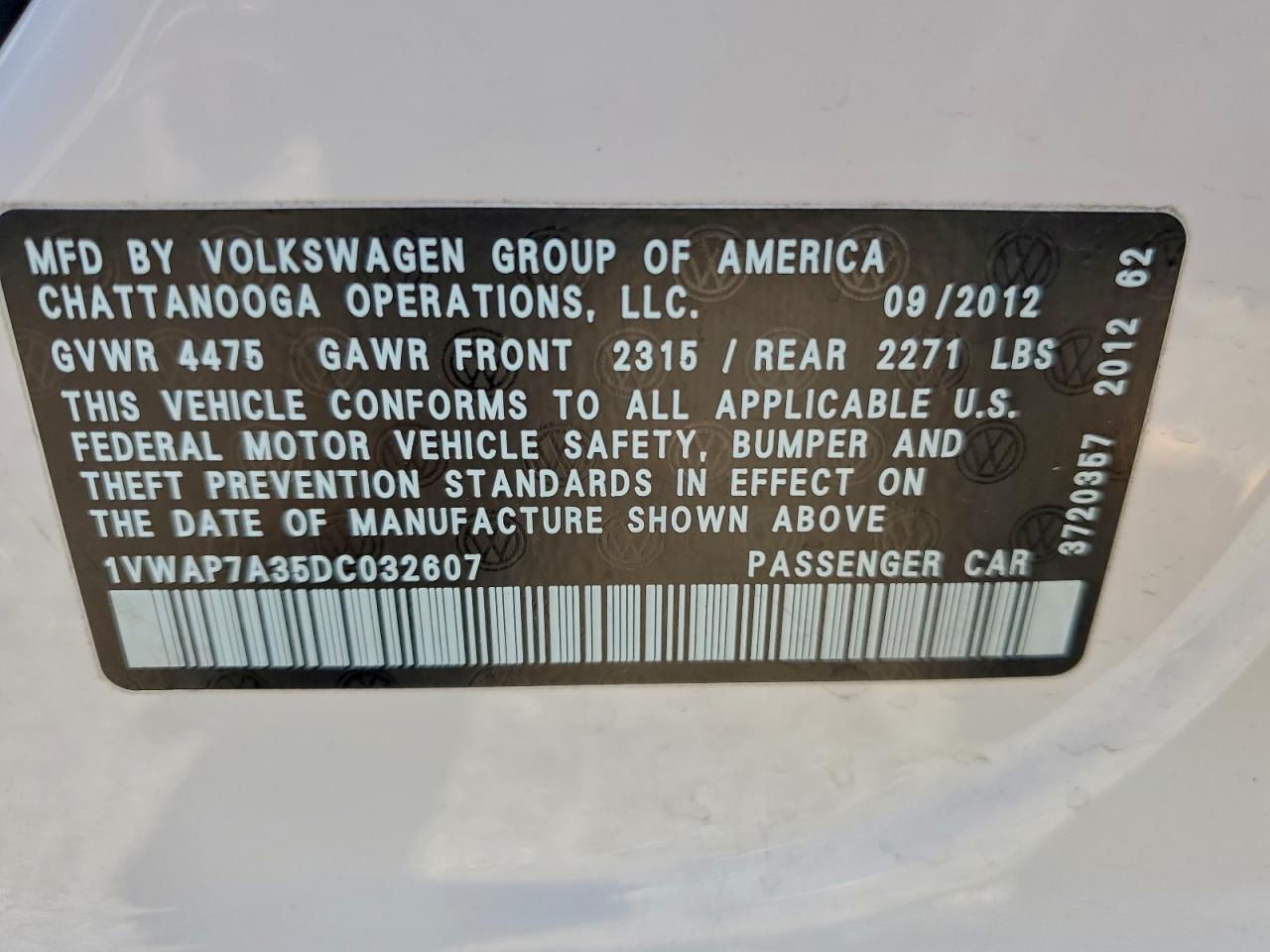2013 Volkswagen Passat S VIN: 1VWAP7A35DC032607 Lot: 93782755