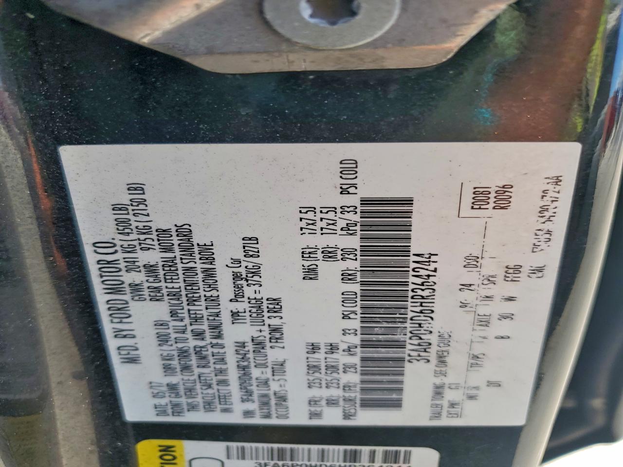 2017 Ford Fusion Se VIN: 3FA6P0HD6HR364244 Lot: 94656685