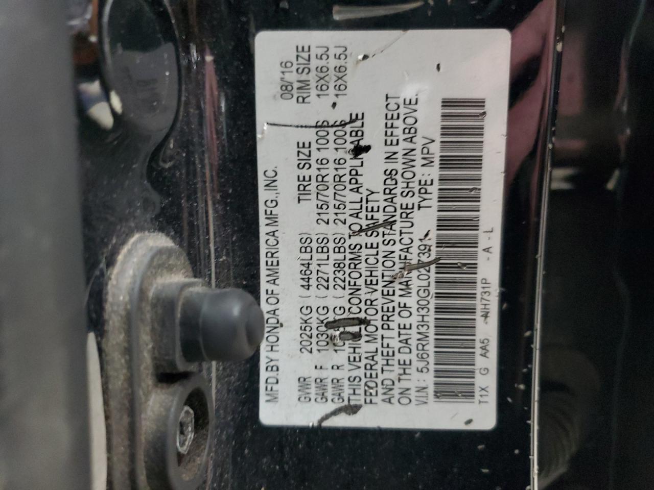 2016 Honda Cr-V Lx VIN: 5J6RM3H30GL027391 Lot: 91997175