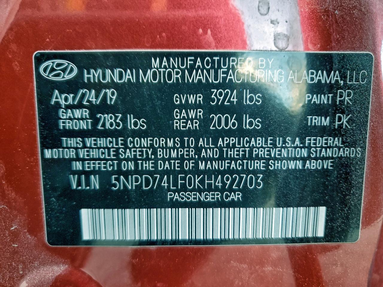 2019 Hyundai Elantra Se VIN: 5NPD74LF0KH492703 Lot: 94771725