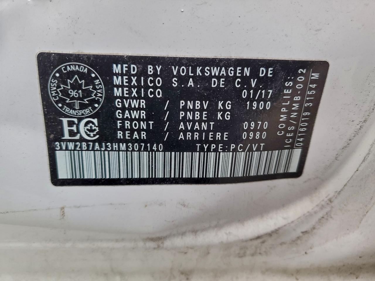 2017 Volkswagen Jetta S VIN: 3VW2B7AJ3HM307140 Lot: 94658265