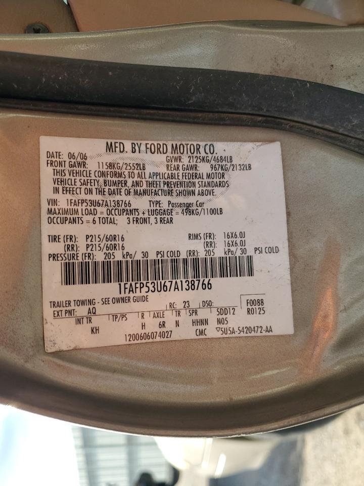 2007 Ford Taurus Se VIN: 1FAFP53U67A138766 Lot: 92628585