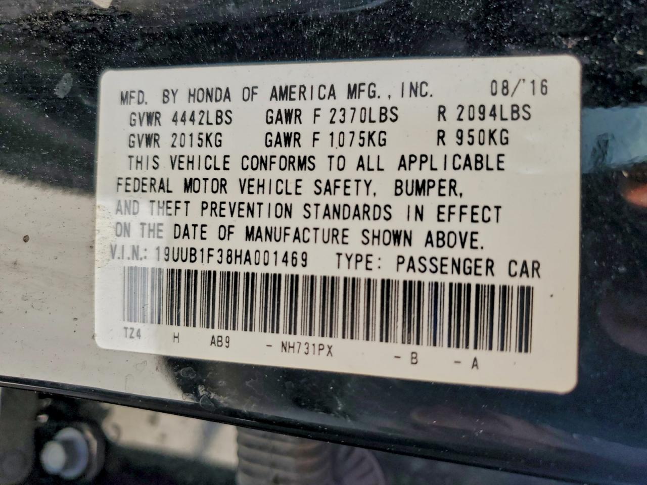 2017 Acura Tlx VIN: 19UUB1F38HA001469 Lot: 93423845