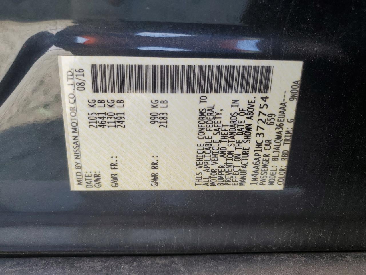 2017 Nissan Maxima 3.5S VIN: 1N4AA6AP1HC372754 Lot: 92721075