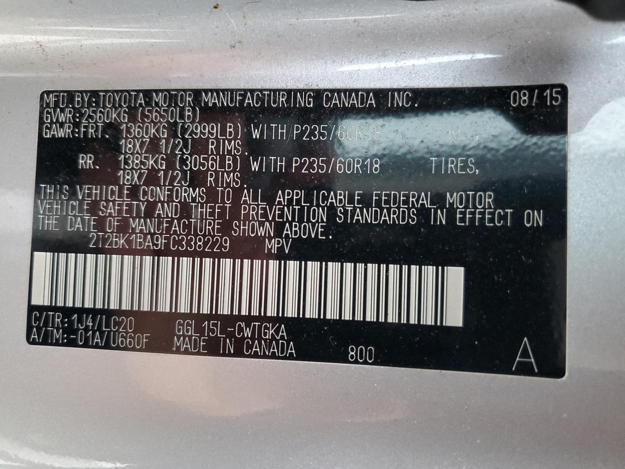 2015 Lexus Rx 350 Base VIN: 2T2BK1BA9FC338229 Lot: 89461295