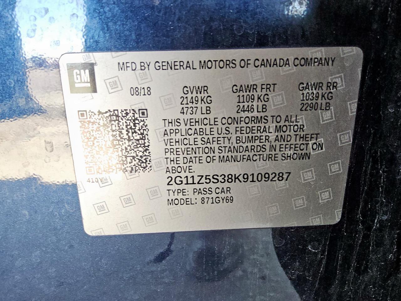 2019 Chevrolet Impala Lt VIN: 2G11Z5S38K9109287 Lot: 92222095