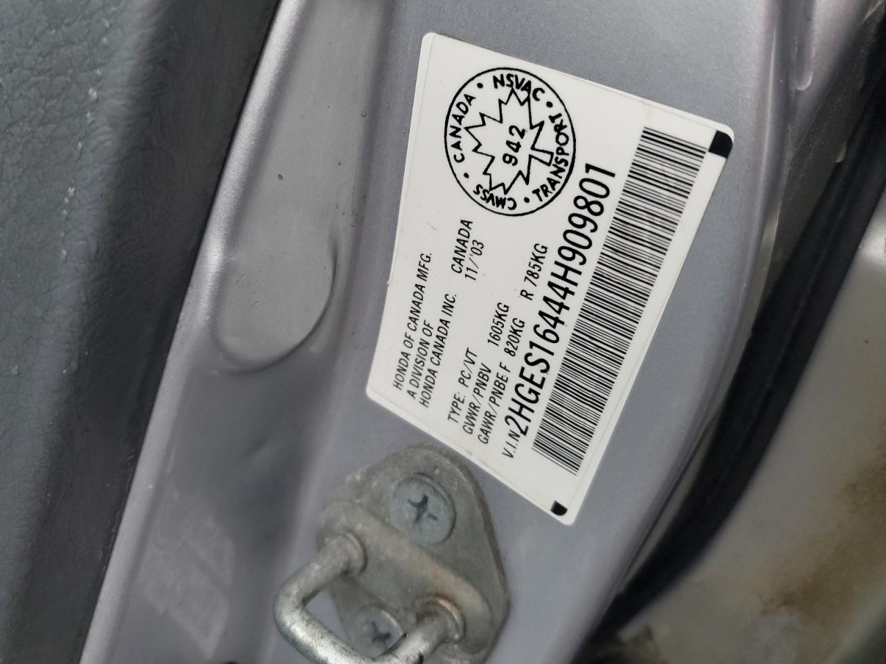 2004 Honda Civic Dx VIN: 2HGES16444H909801 Lot: 90999125