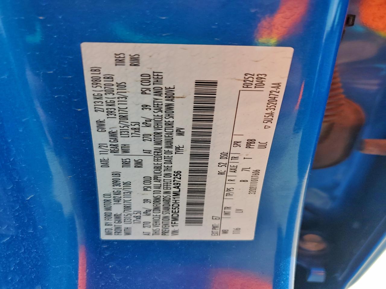 2021 Ford Bronco Base VIN: 1FMDE5DH1MLA97256 Lot: 91710245