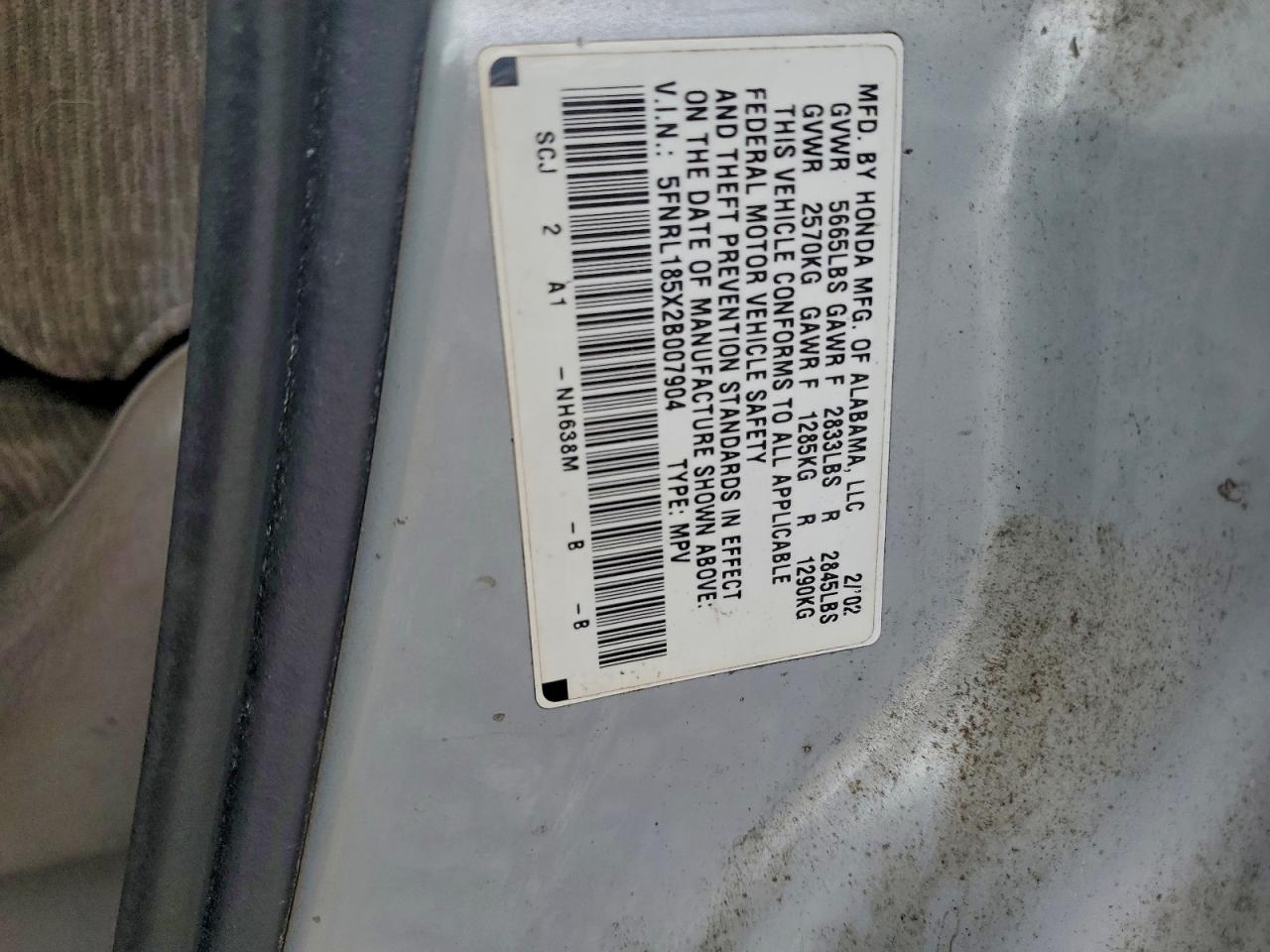 2002 Honda Odyssey Lx VIN: 5FNRL185X2B007904 Lot: 94361275