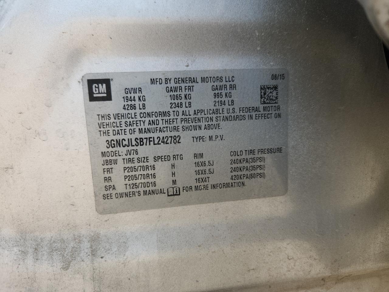 2015 Chevrolet Trax 1Lt VIN: 3GNCJLSB7FL242782 Lot: 91710085