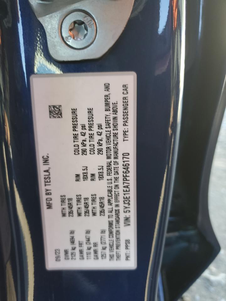2023 Tesla Model 3 VIN: 5YJ3E1EA7PF646170 Lot: 93375055