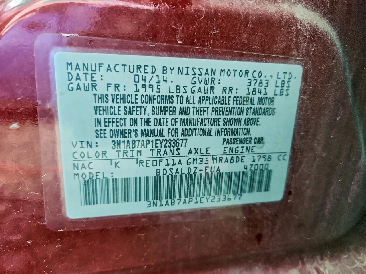 2014 Nissan Sentra S VIN: 3N1AB7AP1EY233677 Lot: 94357645