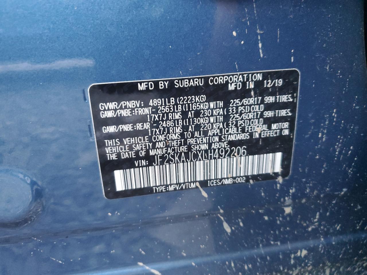 2020 Subaru Forester Premium VIN: JF2SKAJCXLH492206 Lot: 92375505