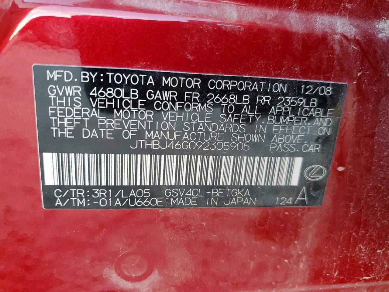 2009 Lexus Es 350 VIN: JTHBJ46G092305905 Lot: 92883295