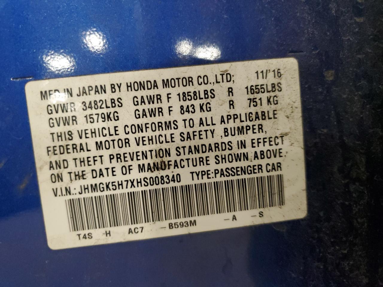 2017 Honda Fit Ex VIN: JHMGK5H7XHS008340 Lot: 93467655