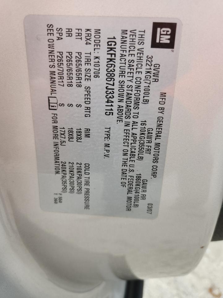 2007 GMC Yukon Denali VIN: 1GKFK63867J334115 Lot: 91706675