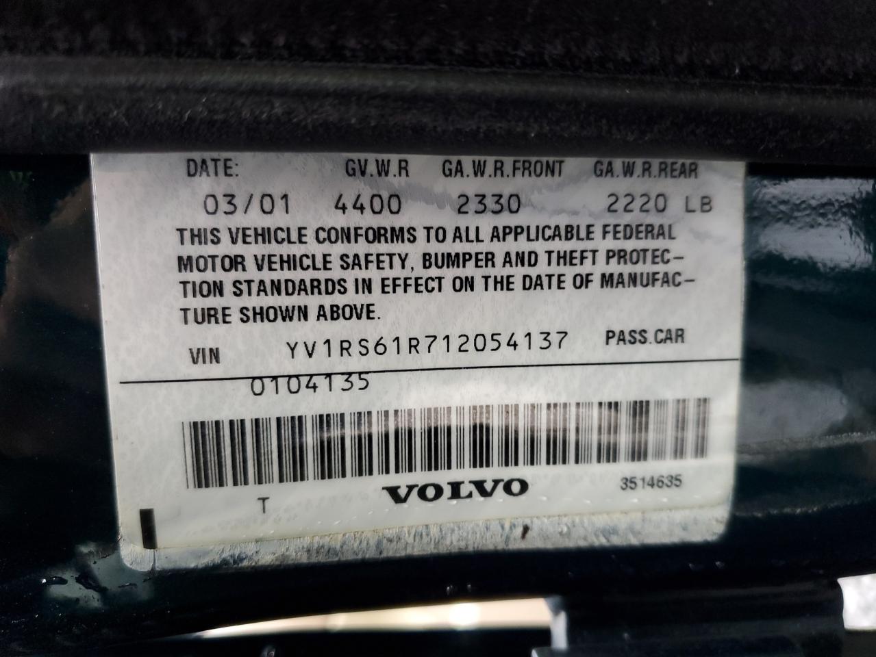 2001 Volvo S60 VIN: YV1RS61R712054137 Lot: 91839945