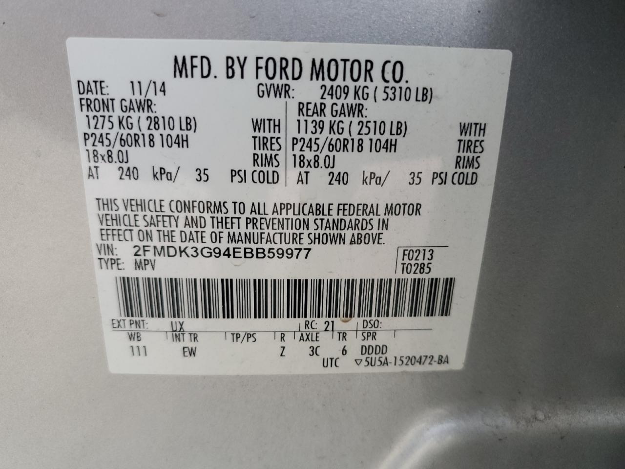 2014 Ford Edge Se VIN: 2FMDK3G94EBB59977 Lot: 92571035