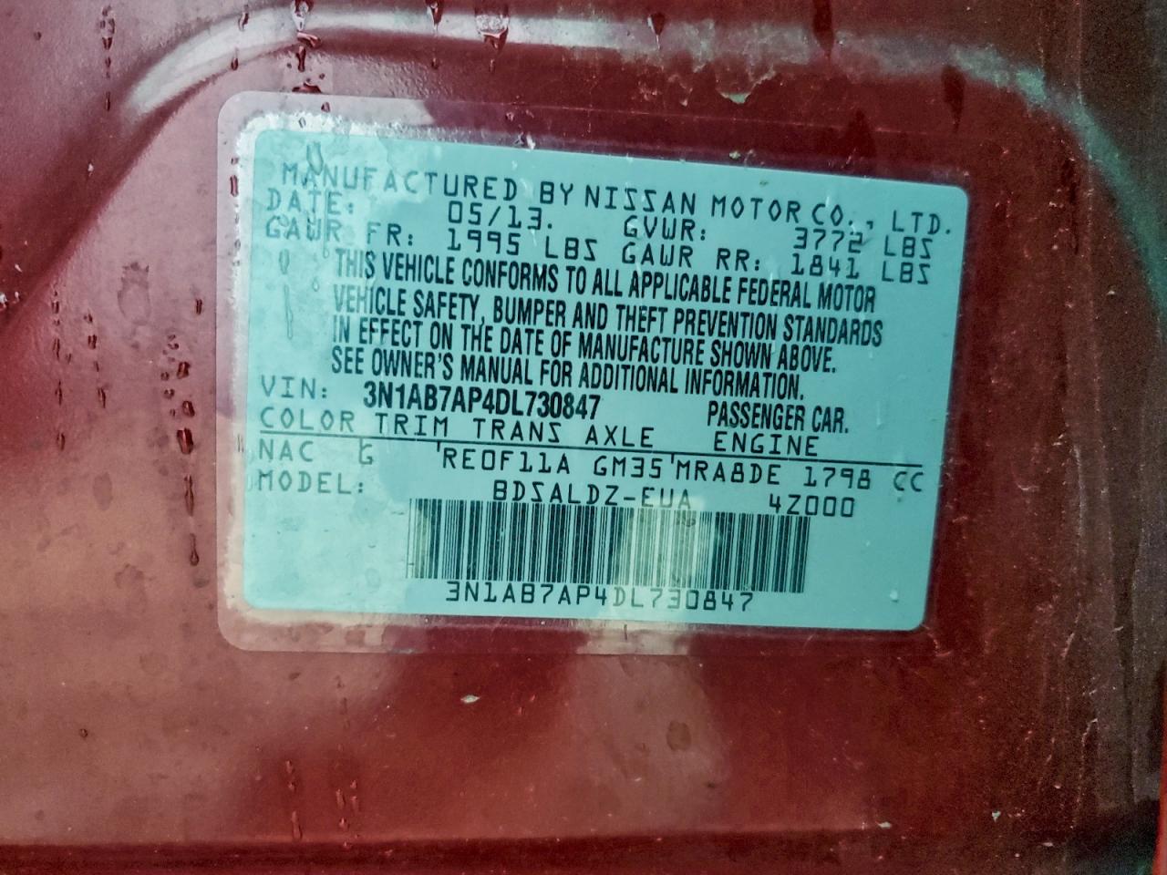 2013 Nissan Sentra S VIN: 3N1AB7AP4DL730847 Lot: 92762145