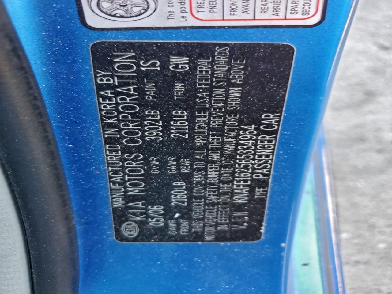 2006 Kia Spectra5 VIN: KNAFE162565334964 Lot: 91043375