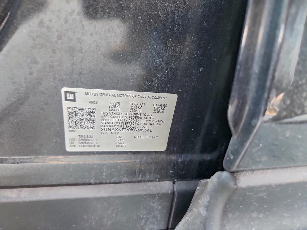 2019 Chevrolet Equinox Lt VIN: 2GNAXKEV0K6145542 Lot: 94334365