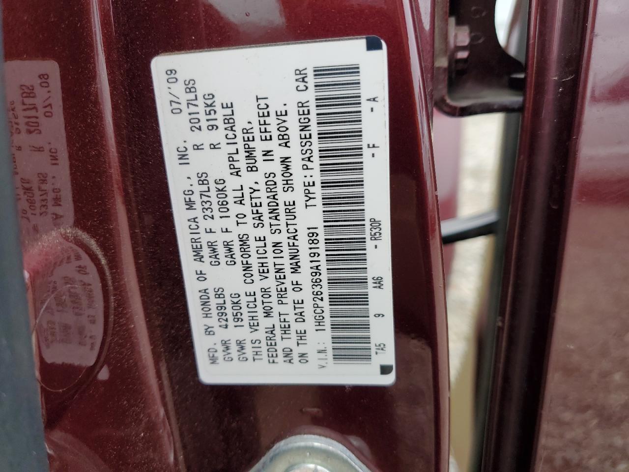 2009 Honda Accord Lx VIN: 1HGCP26369A191891 Lot: 93552765