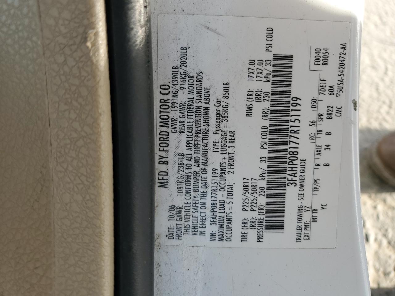 2007 Ford Fusion Sel VIN: 3FAHP08177R151199 Lot: 92235155