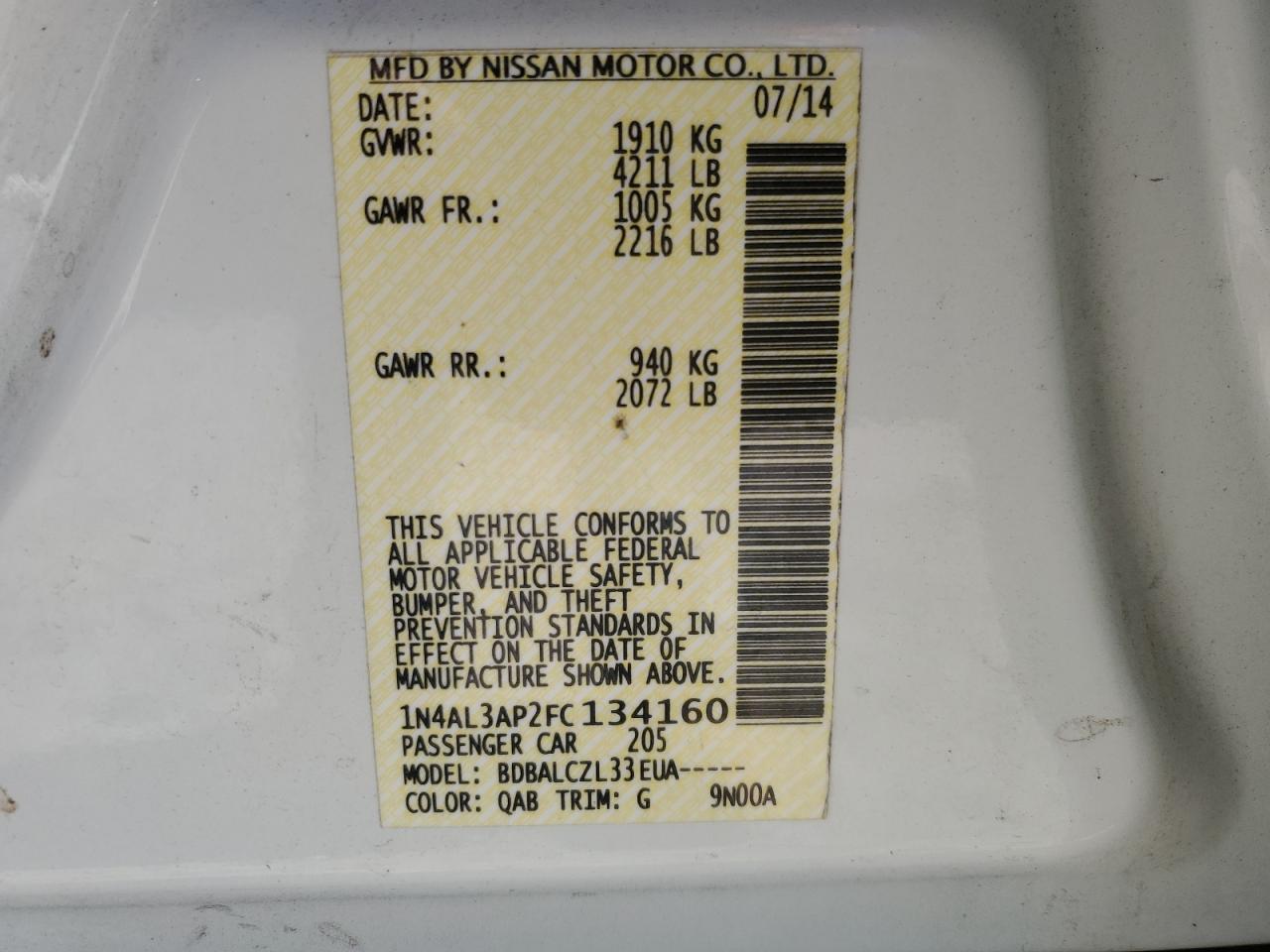 2015 Nissan Altima 2.5 VIN: 1N4AL3AP2FC134160 Lot: 91693285