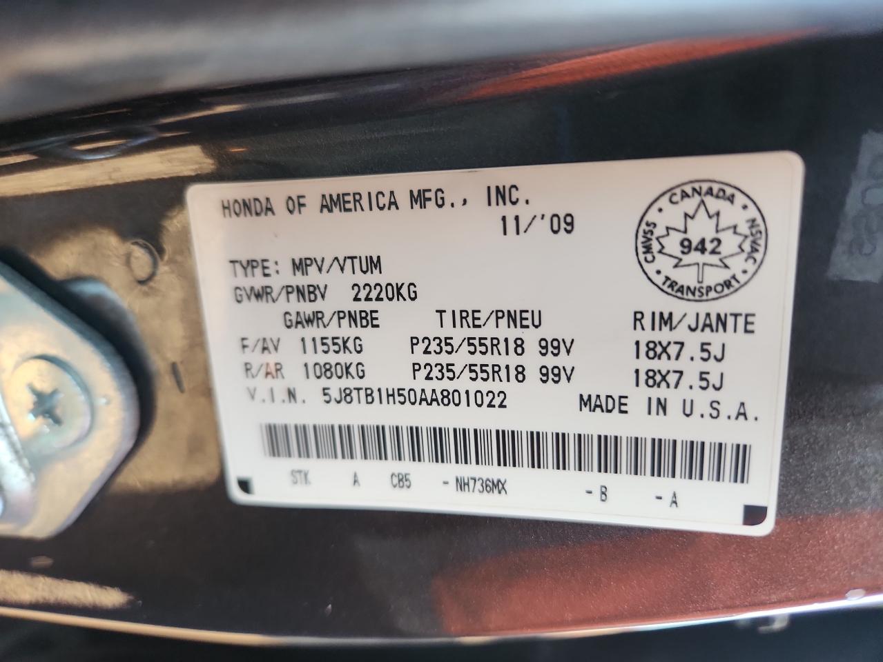 2010 Acura Rdx Technology VIN: 5J8TB1H50AA801022 Lot: 92315595