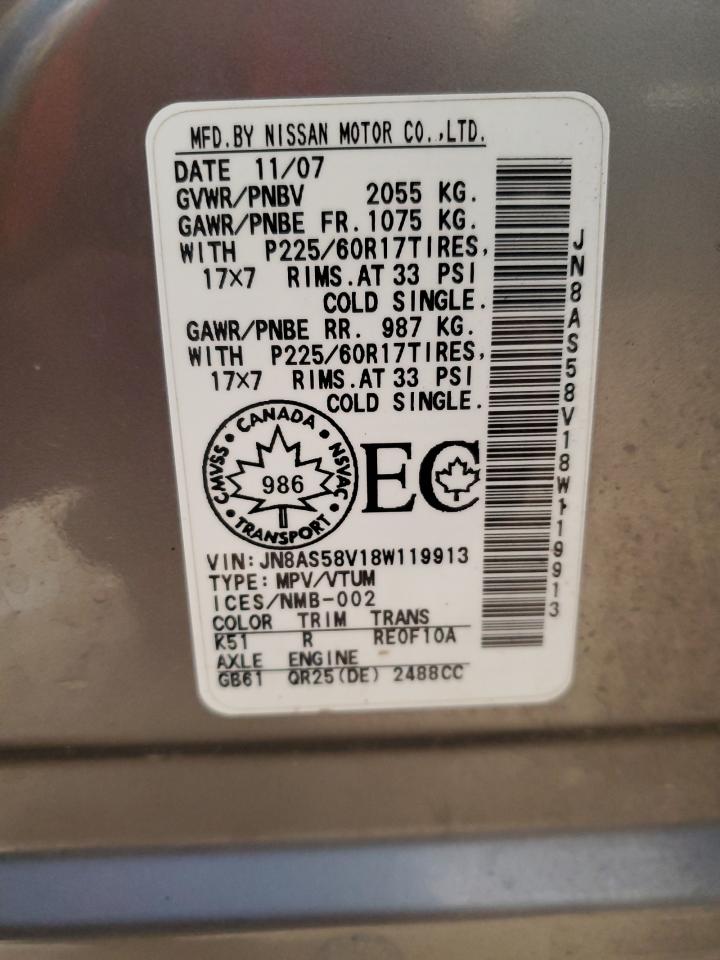 2008 Nissan Rogue S VIN: JN8AS58V18W119913 Lot: 92009665