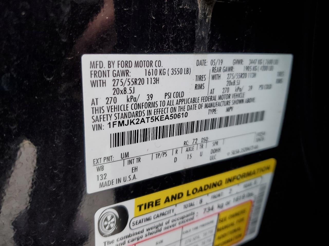 2019 Ford Expedition Max Limited VIN: 1FMJK2AT5KEA50610 Lot: 92374375