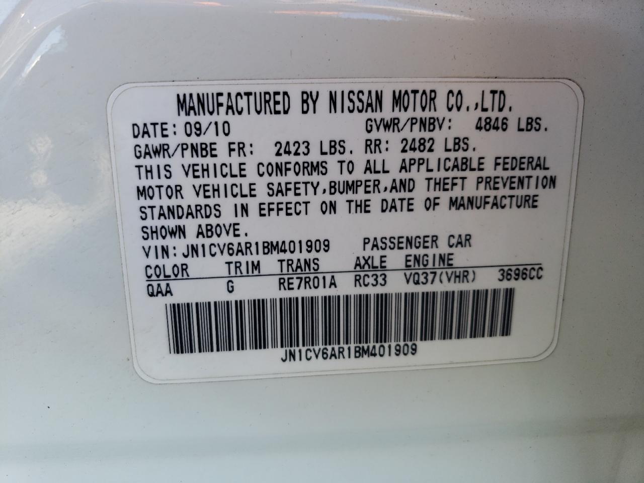 2011 Infiniti G37 VIN: JN1CV6AR1BM401909 Lot: 93112435