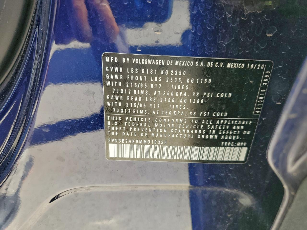 2021 Volkswagen Tiguan Se VIN: 3VV3B7AX9MM018335 Lot: 93968525