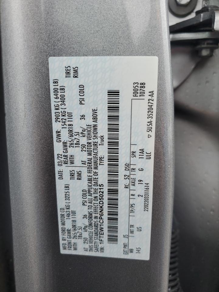 2022 Ford F150 Supercrew VIN: 1FTEW1CP6NKD50215 Lot: 92889625