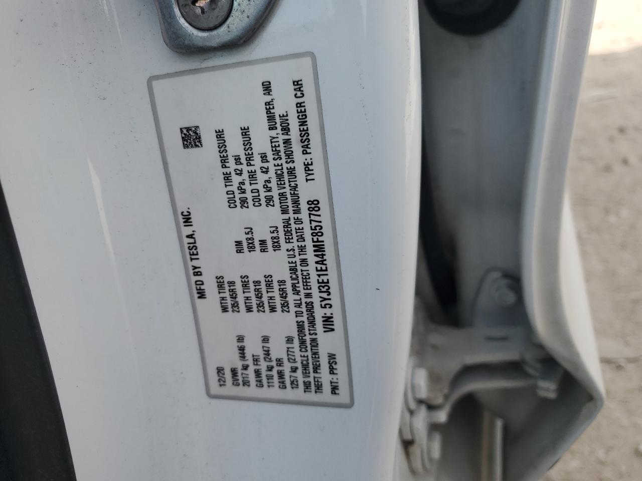 2021 Tesla Model 3 VIN: 5YJ3E1EA4MF857788 Lot: 90925645