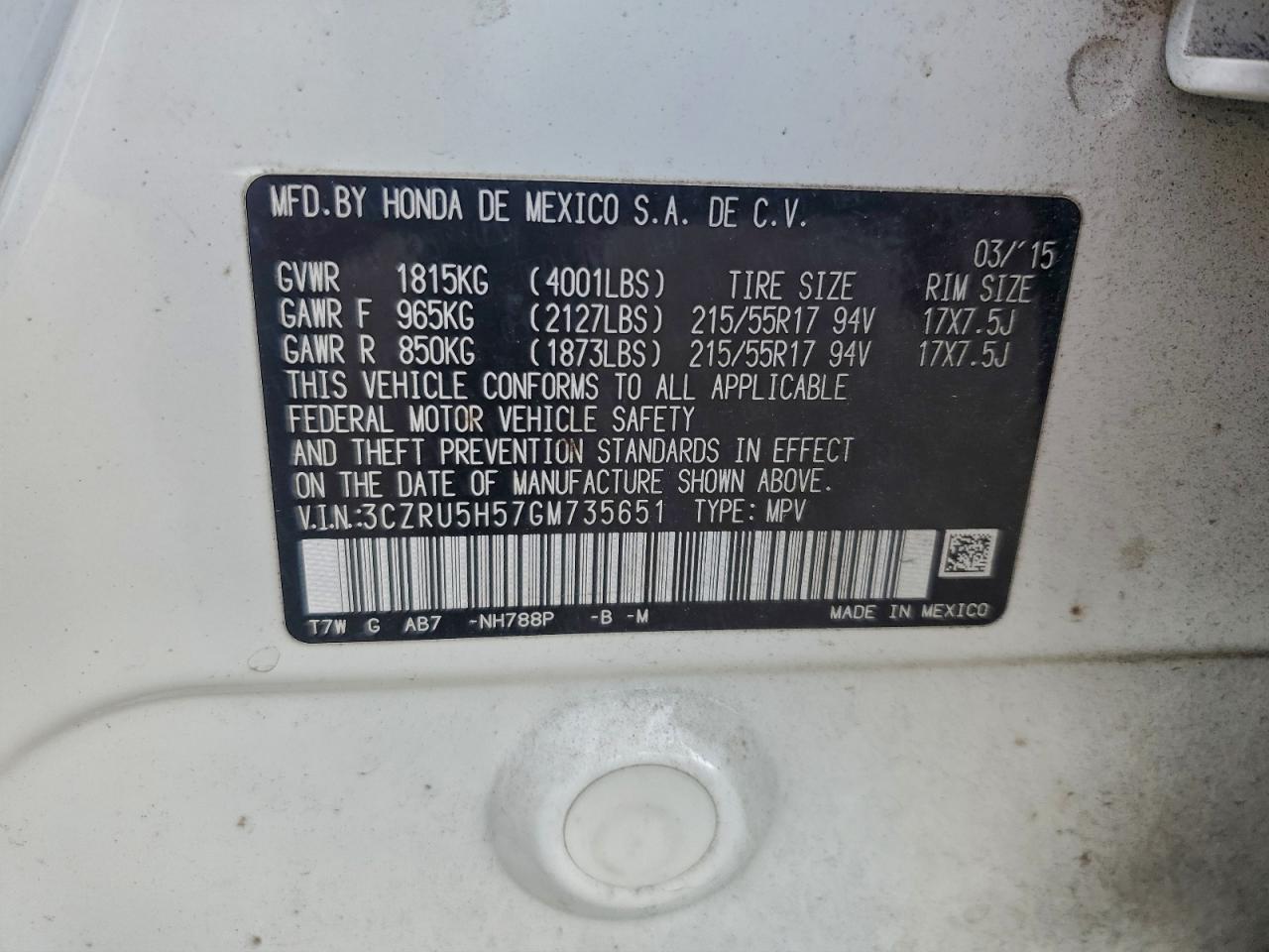 2016 Honda Hr-V Ex VIN: 3CZRU5H57GM735651 Lot: 92658805