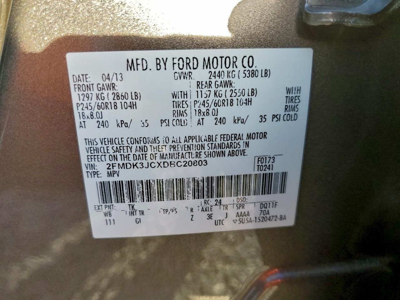 2013 Ford Edge Sel VIN: 2FMDK3JCXDBC20803 Lot: 94752895