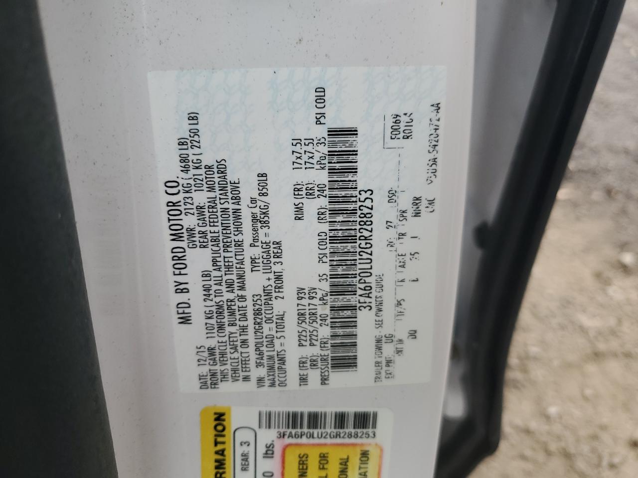 2016 Ford Fusion Se Hybrid VIN: 3FA6P0LU2GR288253 Lot: 93491815