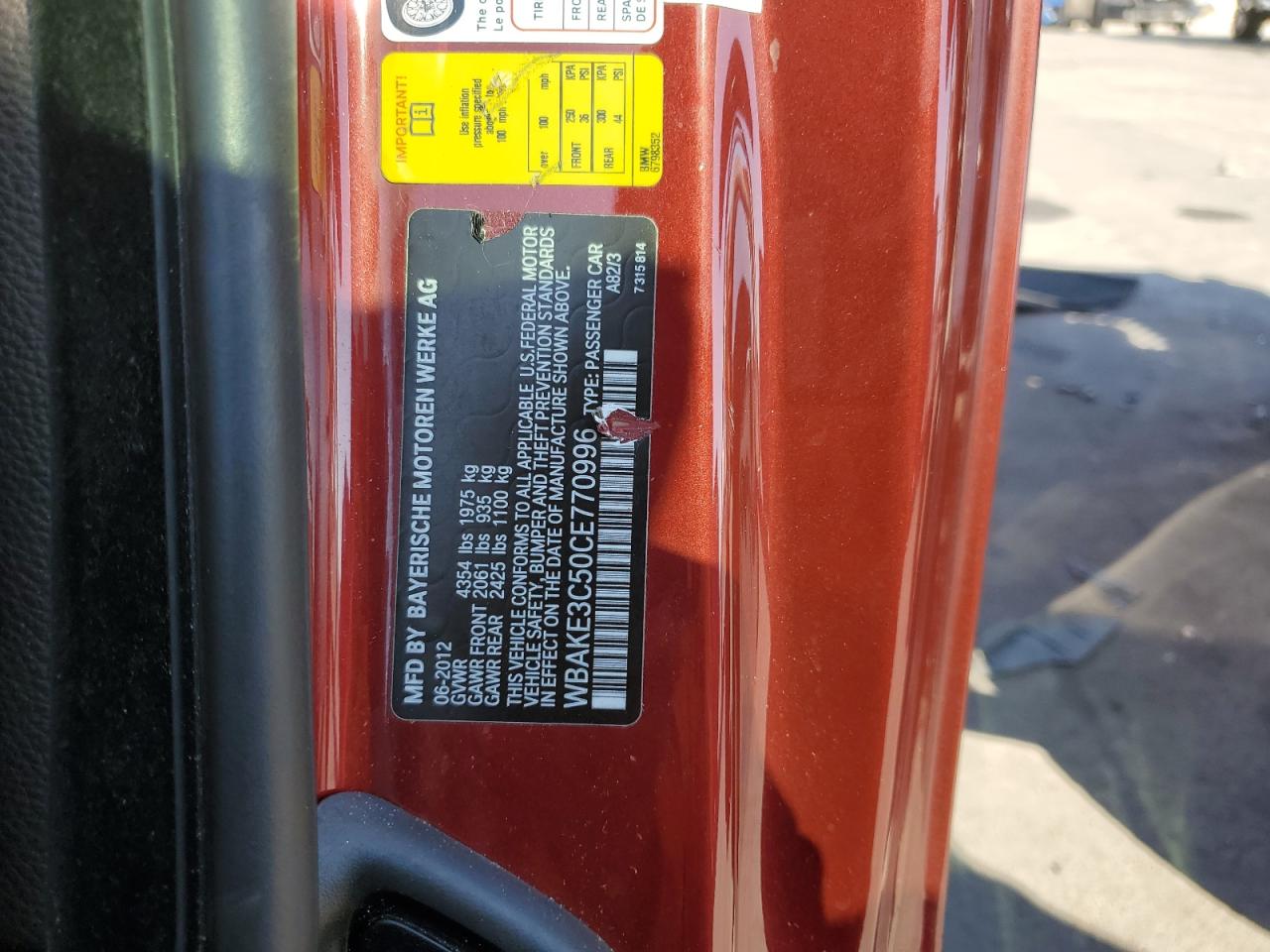 2012 BMW 328 I VIN: WBAKE3C50CE770996 Lot: 93193625