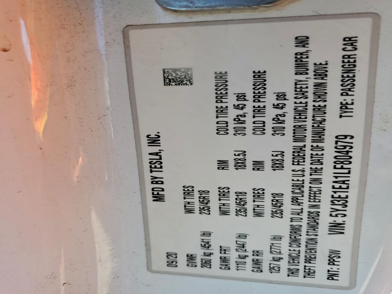 2020 Tesla Model 3 VIN: 5YJ3E1EA1LF804979 Lot: 93530815