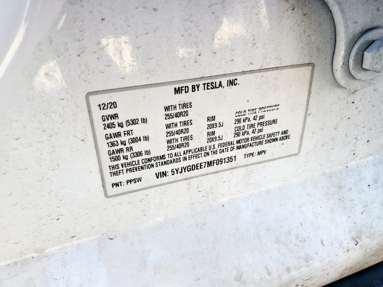 2021 Tesla Model Y VIN: 5YJYGDEE7MF091351 Lot: 91550905