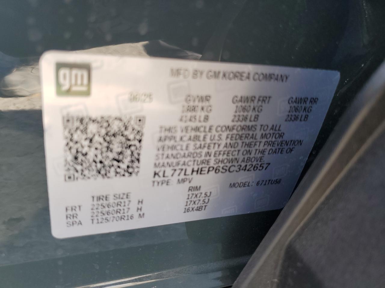 2025 Chevrolet Trax 1Lt VIN: KL77LHEP6SC342657 Lot: 91435385