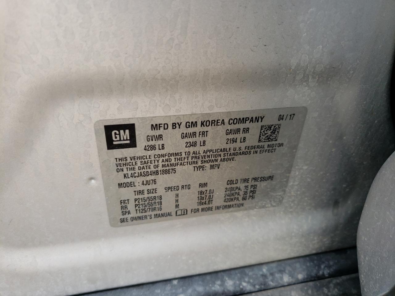 2017 Buick Encore Preferred VIN: KL4CJASB4HB188675 Lot: 92422855