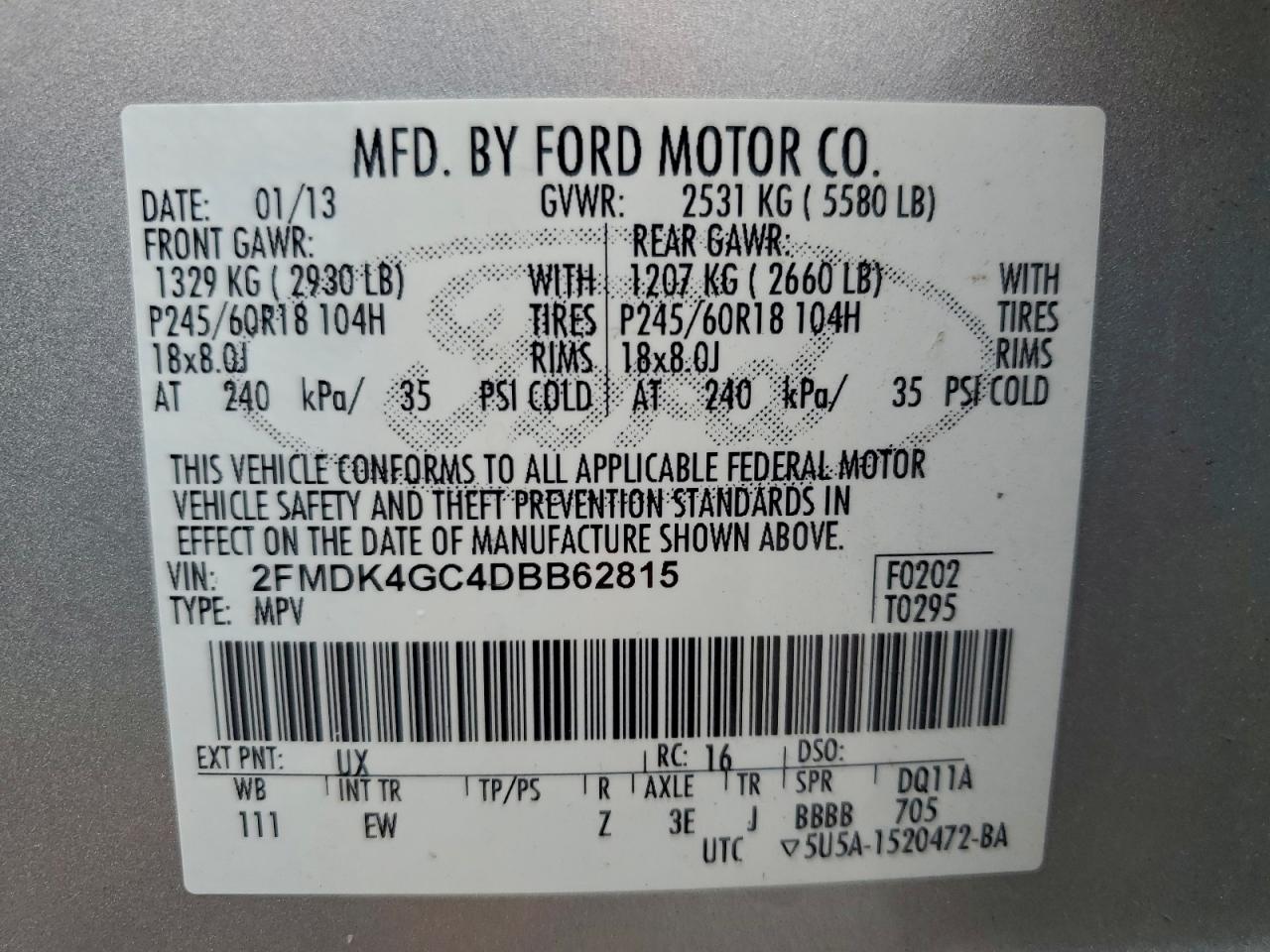 2013 Ford Edge Se VIN: 2FMDK4GC4DBB62815 Lot: 94316695