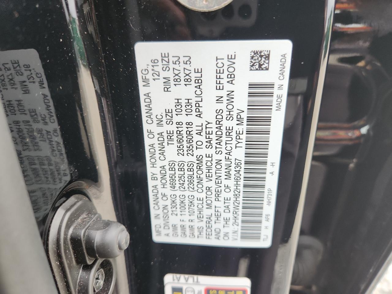 2017 Honda Cr-V Exl VIN: 2HKRW2H82HH604367 Lot: 92099595