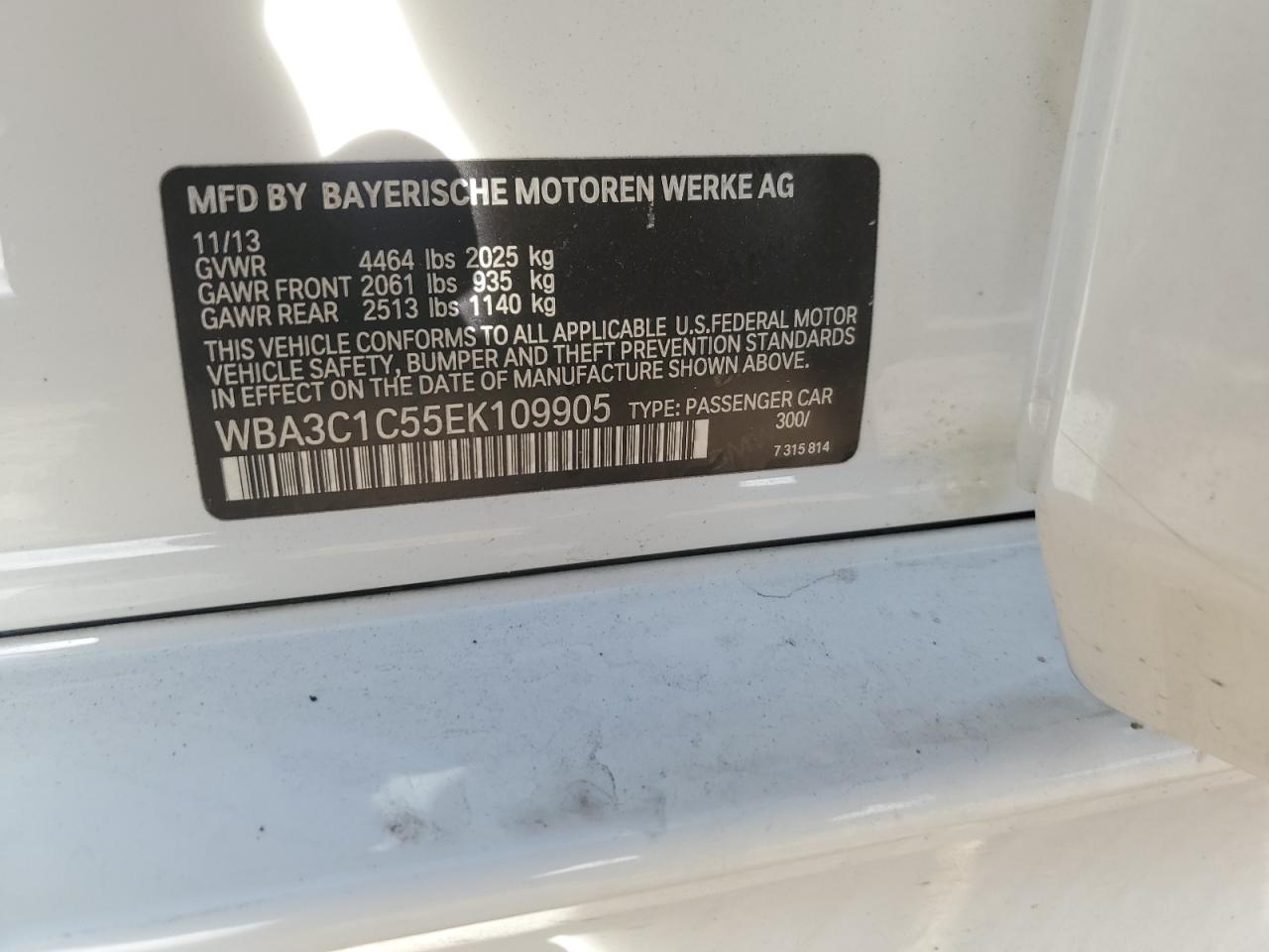 2014 BMW 328 I Sulev VIN: WBA3C1C55EK109905 Lot: 89913755