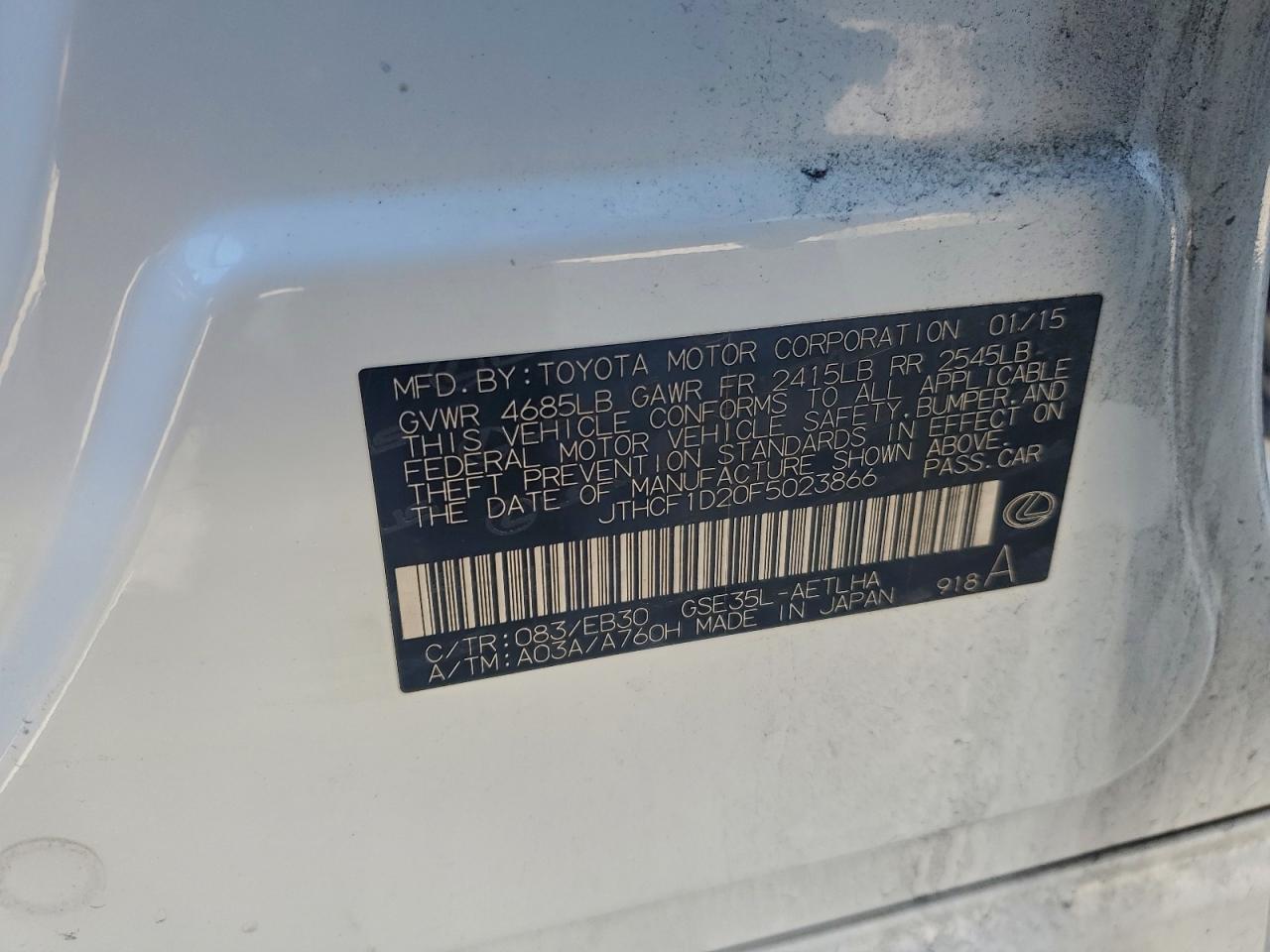 2015 Lexus Is 250 VIN: JTHCF1D20F5023866 Lot: 93960965