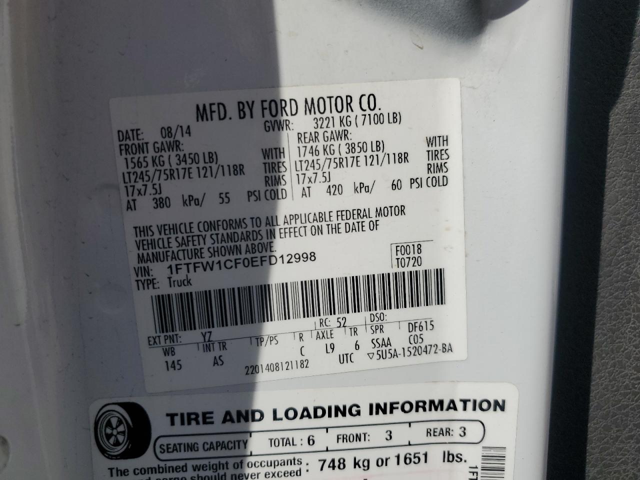 2014 Ford F150 Supercrew VIN: 1FTFW1CF0EFD12998 Lot: 93063445