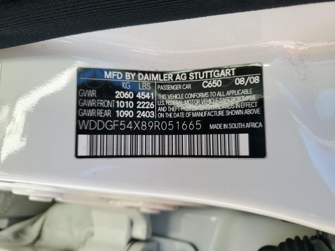 2009 Mercedes-Benz C 300 VIN: WDDGF54X89R051665 Lot: 90833565